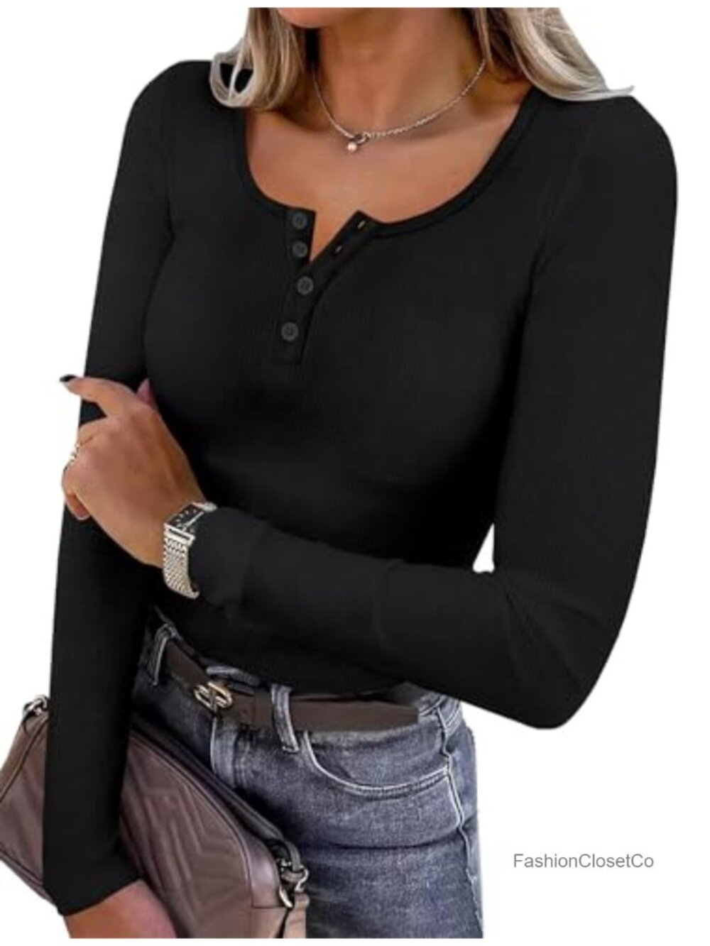 Women's Long Sleeve Henley Shirt Slim Fit Stretch Pullover Casual Top